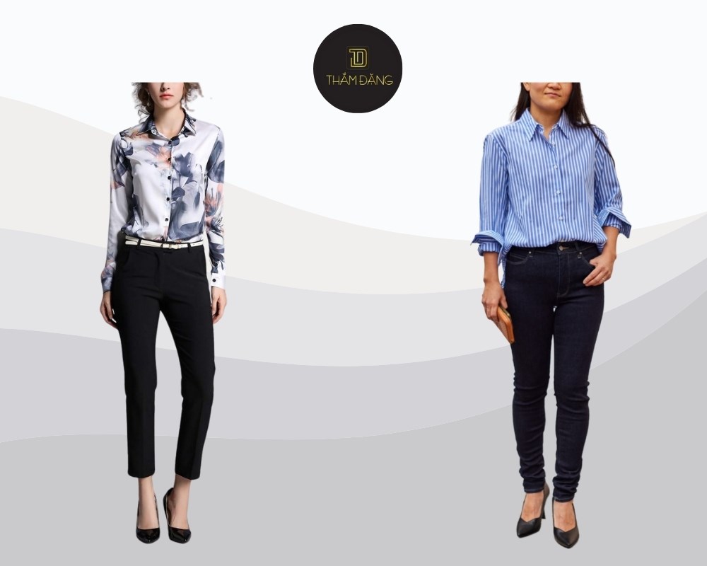 quần skinny kết hợp với áo sơ mi họa tiết đầy cá tính