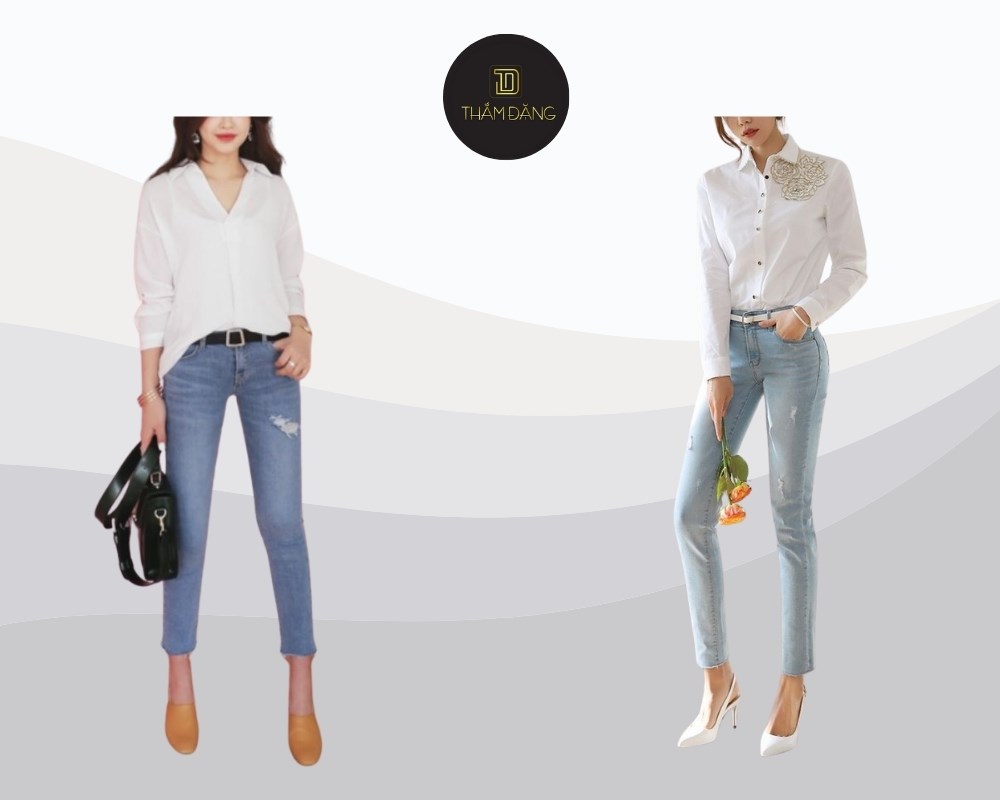 áo sơ mi trắng phối với quần skinny thanh lịch
