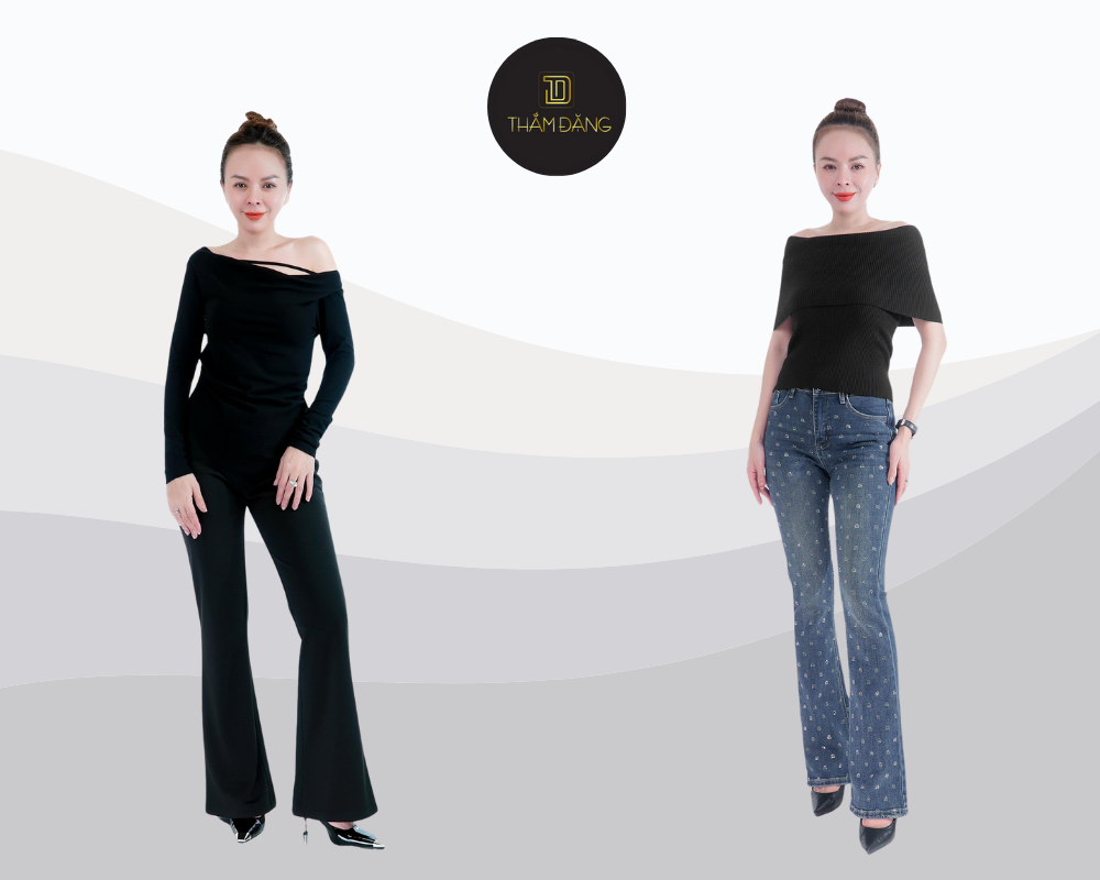 Áo trễ vai quyến rũ kết hợp quần ống loe thanh lịch dịu dàng.