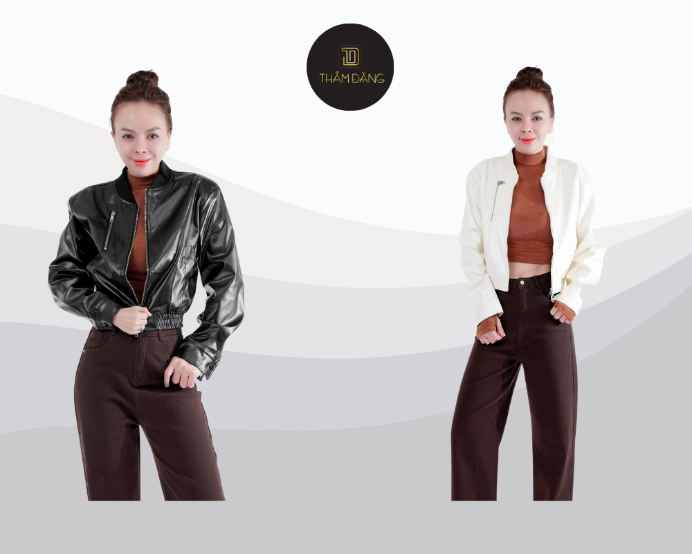 Phong cách cá tính mạnh mẽ với quần tây da và áo khoác biker.