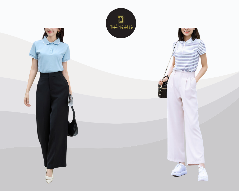 Áo polo phối quần tây rộng tạo phong cách lịch sự và thoải mái.