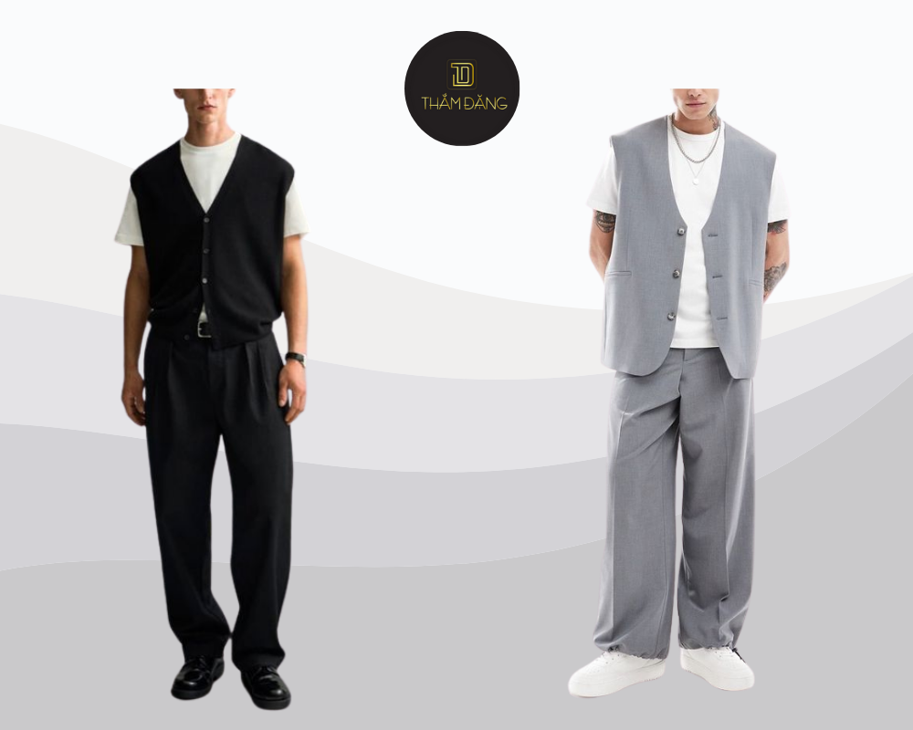 Layer cá tính với áo vest không tay và áo thun đơn giản bên trong.