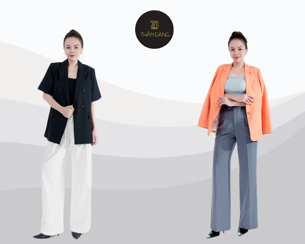 Blazer và quần tây ống rộng tôn lên phong cách quyền lực chuyên nghiệp.