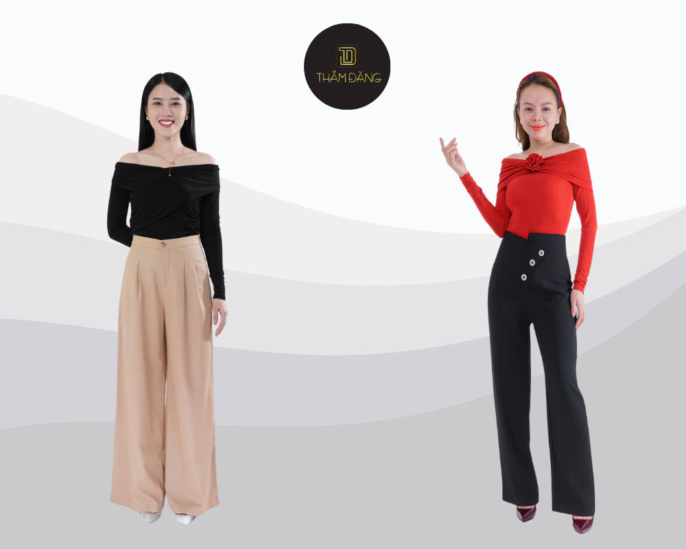 Áo trễ vai quyến rũ kết hợp quần tây sang trọng cho vẻ đẹp tinh tế