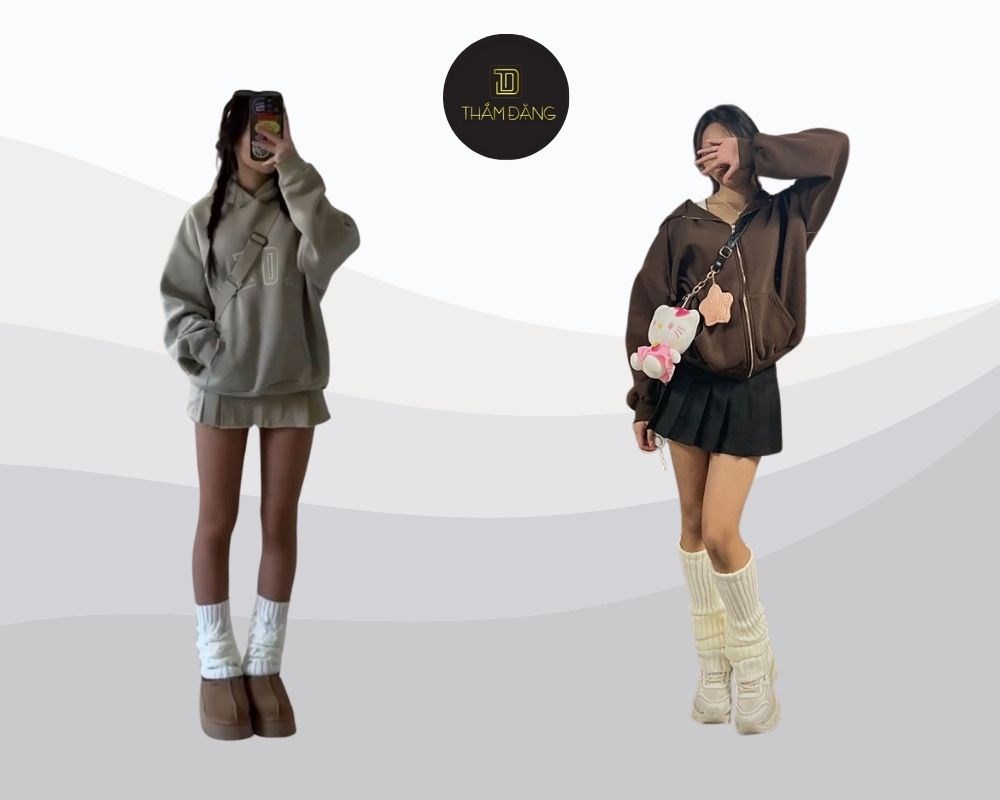áo hoodie phối chân váy cho soft girl