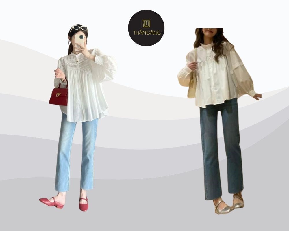 áo blouse tay bồng phối quần baggy cho soft girl
