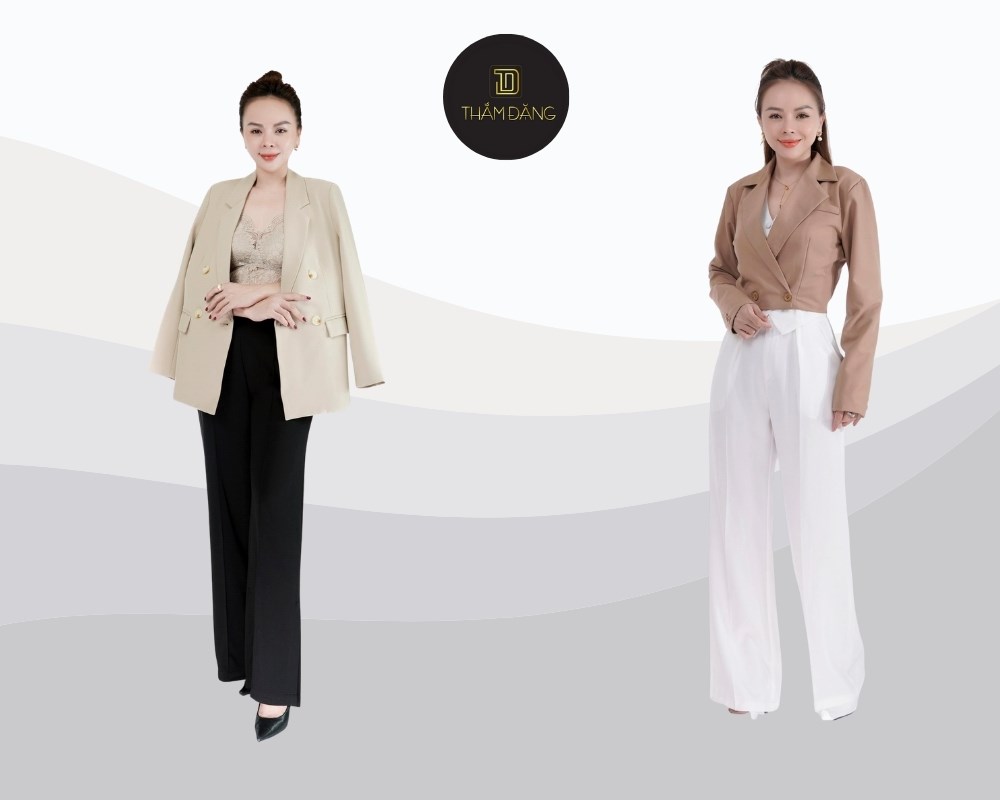 Áo blazer kết hợp quần jeans/quần ống suông tạo outfit sân bay thanh lịch, trẻ trung