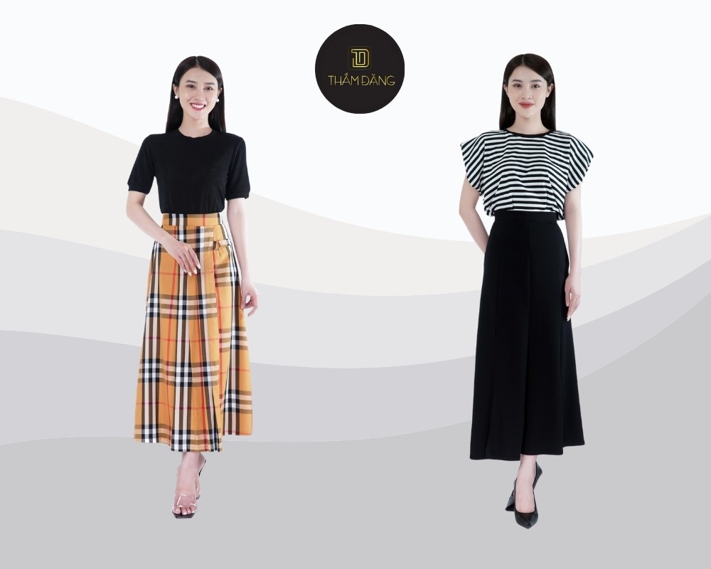 Bộ trang phục sân bay áo thun phối chân váy midi tạo phong cách nữ tính, năng động và thoải mái
