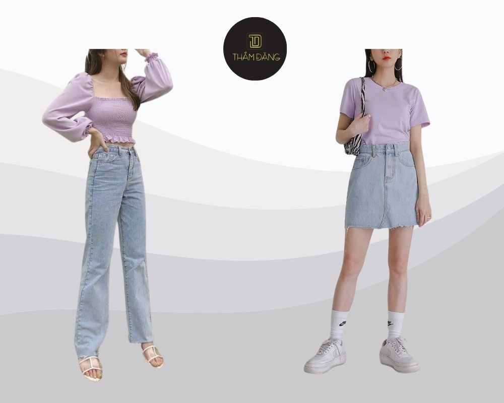 tím pastel phối cùng demin xanh