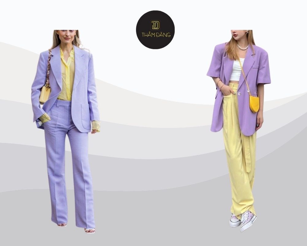 phối đồ cùng tím pastel và màu vàng